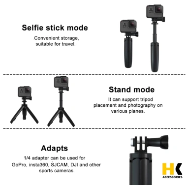 Gậy kiêm tripod mini 21cm mở rộng, gắn Actioncam GoPro, nhẹ gọn, dễ mang
