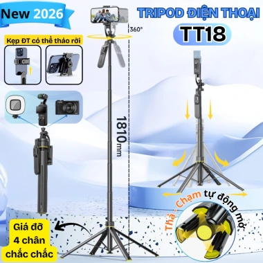 Gậy livestream TT18 4 chân 1.8m Remote Bluetooth 2 nút chụp ảnh cao cấp giảm giá 313k