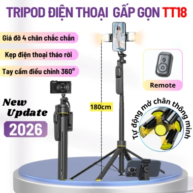 Gậy livestream TT18 4 chân 1.8m Remote Bluetooth 2 nút chụp ảnh cao cấp giảm giá 313k