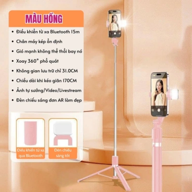 Gậy Selfie 3 Chân 1m70 Remote Đèn Trợ Sáng, Chụp Ảnh, Quay Video, Livestream - Giá 70,000 VND