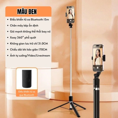 Gậy Selfie 3 Chân 1m70 Remote Đèn Trợ Sáng, Chụp Ảnh, Quay Video, Livestream - Giá 70,000 VND