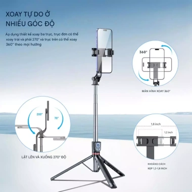 Gậy selfie 3 chân cao xoay 360 độ, đèn LED và remote, giá chỉ 100.000 VND