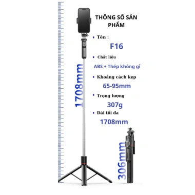 Gậy selfie 3 chân F16 1.7m - Điều khiển xa, đèn trợ sáng, quay livestream, giảm 18% 2