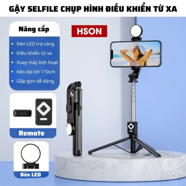 Gậy selfie 3 chân HSON mới - Đèn LED trợ sáng, điều khiển từ xa, chỉ 109.000₫