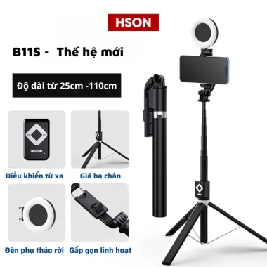 Gậy selfie 3 chân HSON mới - Đèn LED trợ sáng, điều khiển từ xa, chỉ 109.000₫