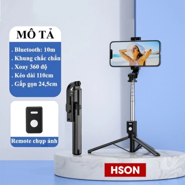 Gậy selfie 3 chân HSON mới - Đèn LED trợ sáng, điều khiển từ xa, chỉ 109.000₫