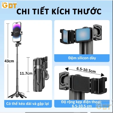 Gậy Selfie 3 trong 1 Tripod Bluetooth + Đèn Trợ Sáng 3 Cấp Độ Quay Vlog & Chụp Ảnh