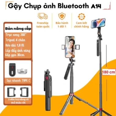 Gậy selfie 4 chân A14 1M8 Remote điều khiển từ xa, đèn trợ sáng, tripod đa năng – Giá 145.000 VND