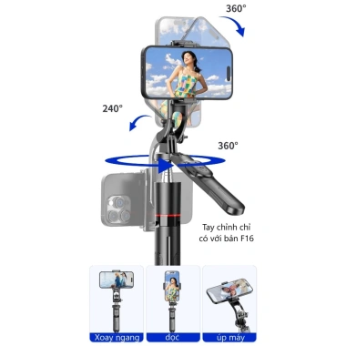 Gậy selfie F16 remote, chân tripod, kẹp điện thoại quay video giá chỉ 145.000₫