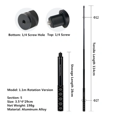 Gậy Selfie Vô Hình 1.2-3M cho Insta360 X5 X4 X3 X2 & DJI – Bullet Time, Độ Dài Linh Hoạt