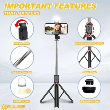 Gậy selfie Z165S 1M7 có đèn 3 chân, điều khiển từ xa, chụp ảnh, livestream, vlog, giá 125.000₫
