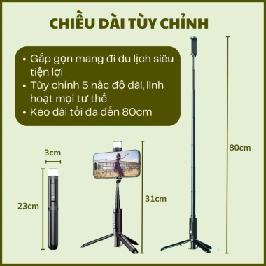 Gậy Tự Sướng M08S HULAKO Bluetooth Tripod 80cm Gấp Gọn Đèn Trợ Sáng Cao Cấp