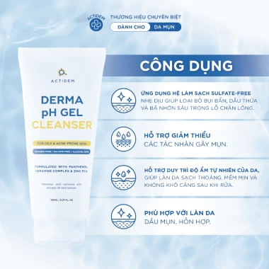 Gel rửa mặt Actidem Derma pH - Ngừa mụn da dầu, hỗn hợp, nhạy cảm, giảm 150k 6