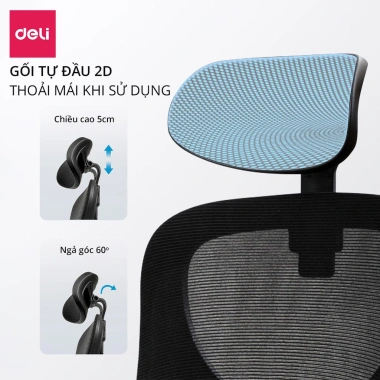 Ghế Công Thái Học Deli Cao Cấp 3D – Tựa Đầu, Tựa Tay Điều Chỉnh, Hỗ Trợ Cổ & Cột Sống 3