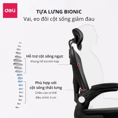 Ghế Công Thái Học Deli Cao Cấp 3D – Tựa Đầu, Tựa Tay Điều Chỉnh, Hỗ Trợ Cổ & Cột Sống 4