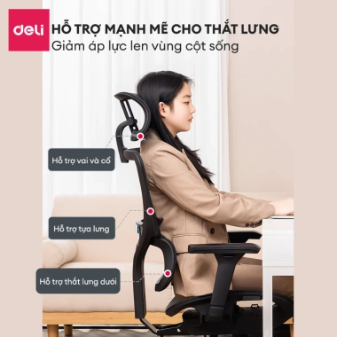 Ghế Công Thái Học DELI Hỗ Trợ Cột Sống, Bệ Tì Tay, Tựa Lưng 3D, Lưới Vân Rồng, Gác Chân Ngả Lưng - 3,610,000₫ 3