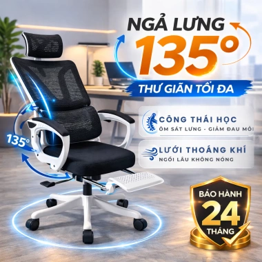 Ghế Công Thái Học Ergonomic HOMELY - Ngả Lưng 135°, Đệm Thắt Lưng Chống Đau Mỏi GVP02