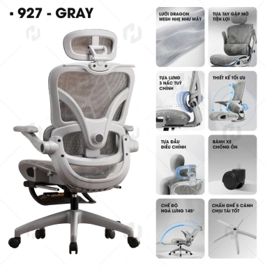 Ghế công thái học HTD 927 Pro - Ngả lưng 145°, tựa đầu 6D, lưới toàn thân, chỉ 3.14 triệu 10