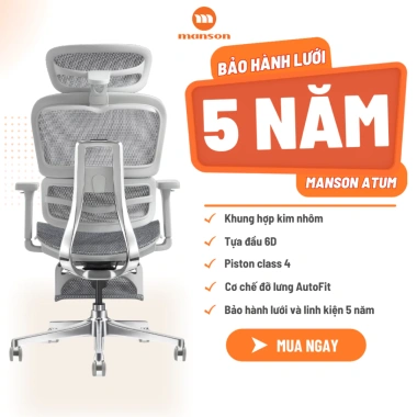 Ghế Manson Atum Đen - Ghế Xoay Công Thái Học, Lưng Kim Nhôm, Tựa 6D, Giảm 20% 2