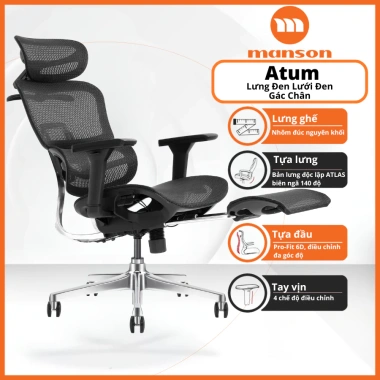 Ghế Manson Atum Đen - Ghế Xoay Công Thái Học, Lưng Kim Nhôm, Tựa 6D, Giảm 20% 6