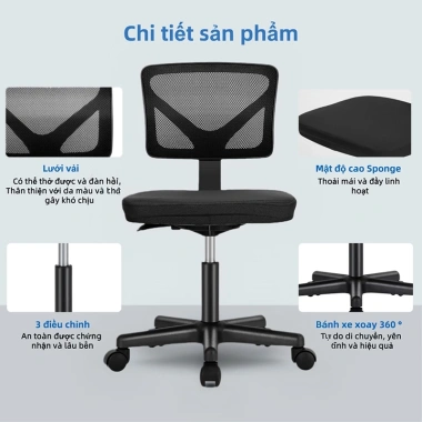 Ghế máy tính học xoay 360 đen, tựa lưng điều chỉnh, không tay, chỉ 610.000 VND 8