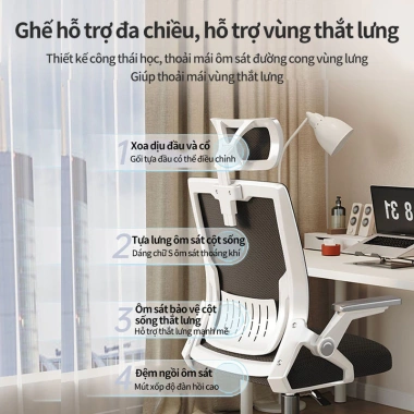 Ghế Văn Phòng Chân Xoay Lưng Kép, Tựa Tay, Điều Chỉnh Cao, Chống Gù Lưng - 619k