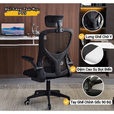 Ghế Văn Phòng Công Thái Học PTS01 Trắng-Đen - Chống Mỏi Lưng Dễ Lắp Ráp Giá 719.000₫