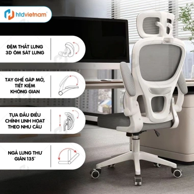 Ghế xoay HTD S1 - Đệm thắt lưng 3D, tay gập mở, tựa đầu, ngả 135°, 949.900₫