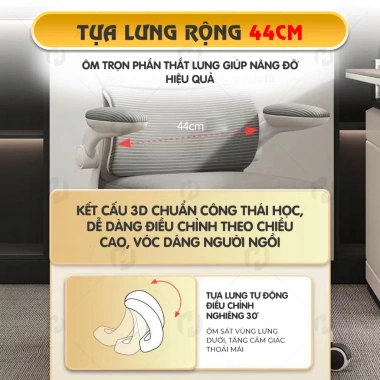 Ghế xoay HTD S1 - Đệm thắt lưng 3D, tay gập mở, tựa đầu, ngả 135°, 949.900₫