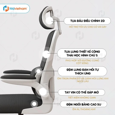 Ghế xoay HTD S1 - Đệm thắt lưng 3D, tay gập mở, tựa đầu, ngả 135°, 949.900₫