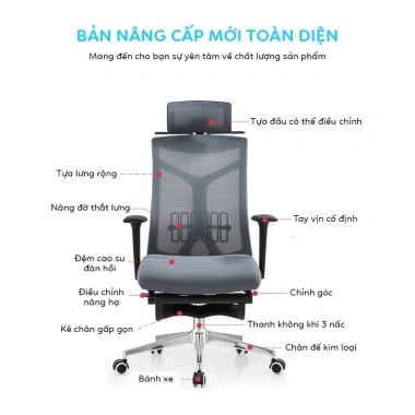 Ghế xoay văn phòng công thái học GVP06 lưng lưới, tựa đầu, ngả lưng 170°, bảo vệ cột sống, giá 2.489.000đ
