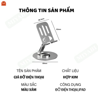 Giá đỡ điện thoại và máy tính bảng 360 độ gấp gọn kim loại cao cấp màu xám, đế chống trượt, chỉ 21.000 VND