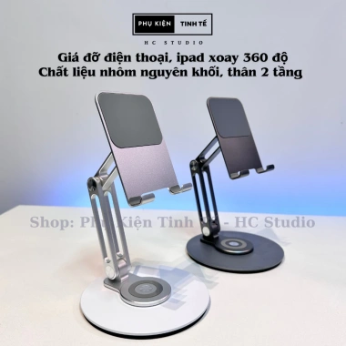 Giá đỡ iPad, điện thoại, máy tính bảng nhôm: chân đế xoay 360 2 tầng gấp gọn 250k