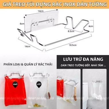 Giá Đỡ Túi Rác Treo Tường INOX - Kèm Miếng Dán Siêu Dính, Móc Đa Năng Nhà Bếp & Tắm, 25.000₫