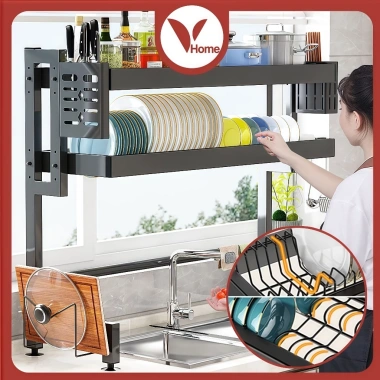 Giá đựng đồ ăn 1-3 lớp Vhome thép carbon bền chắc trên bồn rửa 65-125cm