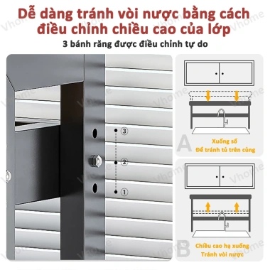 Giá đựng đồ ăn 1-3 lớp Vhome thép carbon bền chắc trên bồn rửa 65-125cm