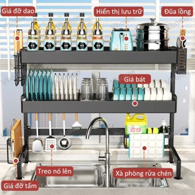 Giá đựng đồ ăn 1-3 lớp Vhome thép carbon bền chắc trên bồn rửa 65-125cm