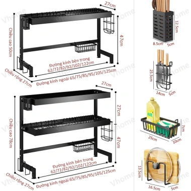 Giá đựng đồ ăn 1-3 lớp Vhome thép carbon bền chắc trên bồn rửa 65-125cm