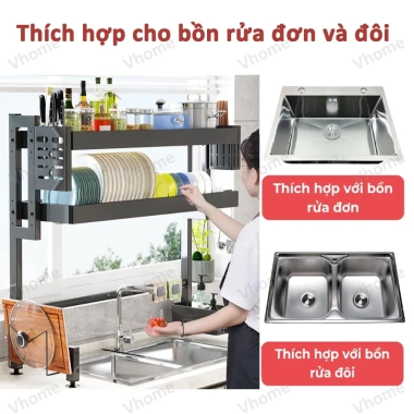 Giá đựng đồ ăn 1-3 lớp Vhome thép carbon bền chắc trên bồn rửa 65-125cm