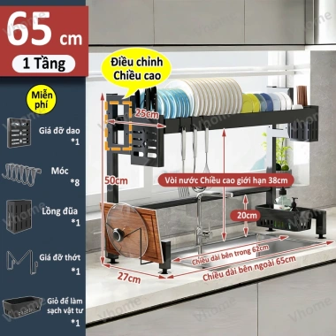 Giá đựng đồ ăn 1-3 lớp Vhome thép carbon bền chắc trên bồn rửa 65-125cm
