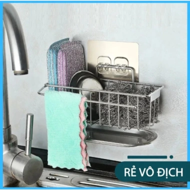 Giá inox để đồ rửa bát chống rỉ, khay hứng nước, giá treo khăn dán tường dính