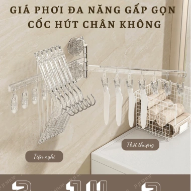 Giá Phơi Đồ Đa Năng 180° Gấp Gọn, Móc Treo Cốc Hút Chân Không Không Kẹp - 155k