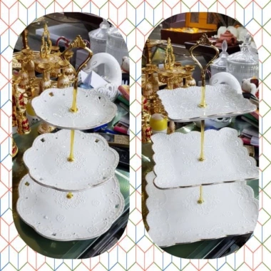 Giá sỉ khay kệ 3 tầng sứ trắng hoa văn đẹp - Đồ decor Tết sang trọng