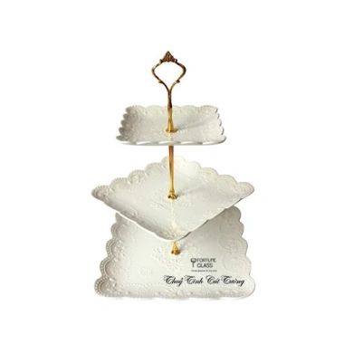 Giá sỉ khay kệ 3 tầng sứ trắng hoa văn đẹp - Đồ decor Tết sang trọng