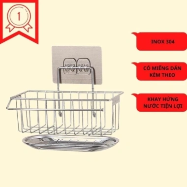 Giá treo dán tường inox 304 đồ rửa chén bát, khay hứng nước tiện dụng - 24.500₫