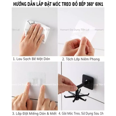 Giá treo đồ nhà bếp 6 móc đa năng xoay 360° kèm miếng dán tường siêu dính - chỉ 7.800₫ 7