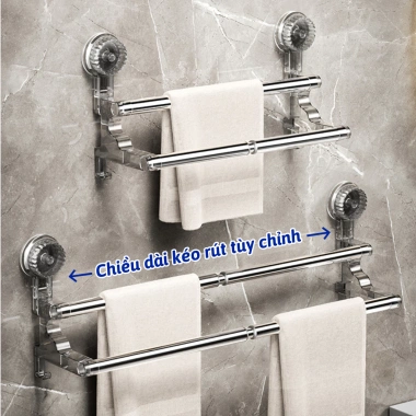 Giá Treo Khăn 2 Tầng Điều Chỉnh Độ Dài - Kệ Đồ, Thanh Treo, Phơi Đồ, Hút Chân Không - Giá chỉ 118k