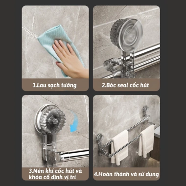 Giá Treo Khăn 2 Tầng Điều Chỉnh Độ Dài - Kệ Đồ, Thanh Treo, Phơi Đồ, Hút Chân Không - Giá chỉ 118k