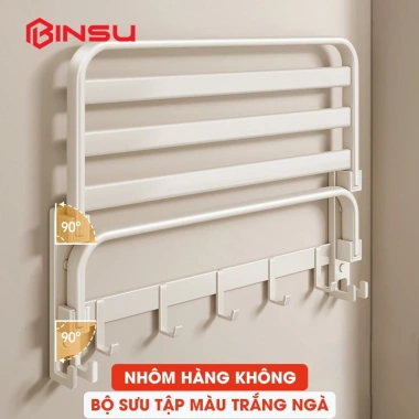 Giá treo khăn BINSU trắng ngà nhôm hàng không - Dán tường, khoan tường, giá chỉ 285k