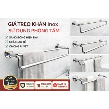 Giá treo khăn nhà tắm ĐƠN KÉP INOX - Chân đế đặc bắn tường, 4 size, tặng ốc vít